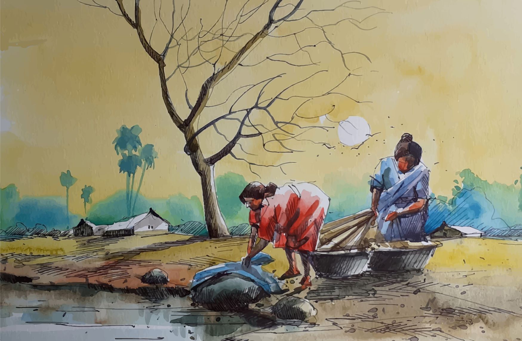 Riverside Woman Painting - Meri Deewar 3 : 2 Horizontal Premium Wall Art Canvas by MeriDeewar