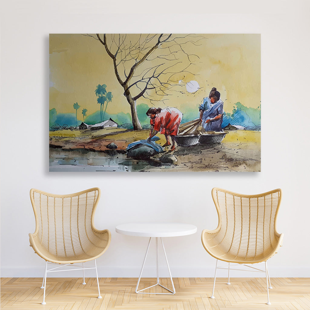 Riverside Woman Painting - Meri Deewar 3 : 2 Horizontal Premium Wall Art Canvas by MeriDeewar