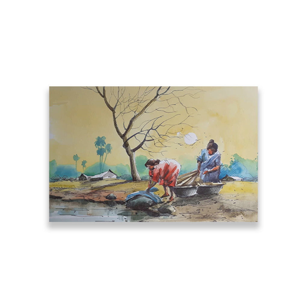 Riverside Woman Painting - Meri Deewar 3 : 2 Horizontal Premium Wall Art Canvas by MeriDeewar