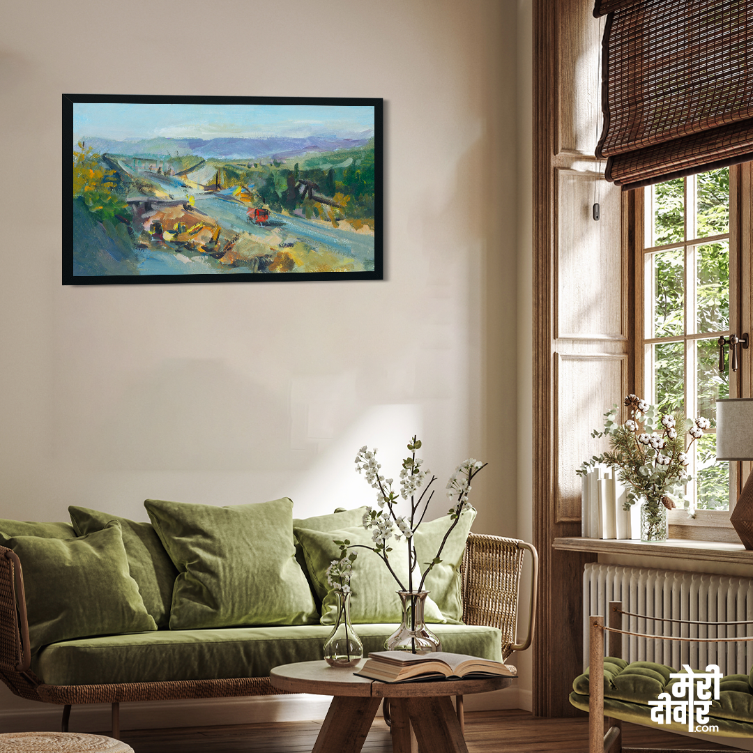 Road Construction Watercolour Painting 4 : 3 Horizontal Premium Wall Art Canvas by MeriDeewar