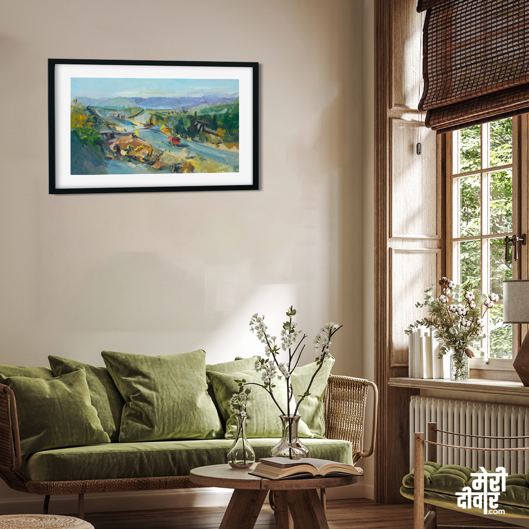 Road Construction Watercolour Painting 4 : 3 Horizontal Premium Wall Art Canvas by MeriDeewar