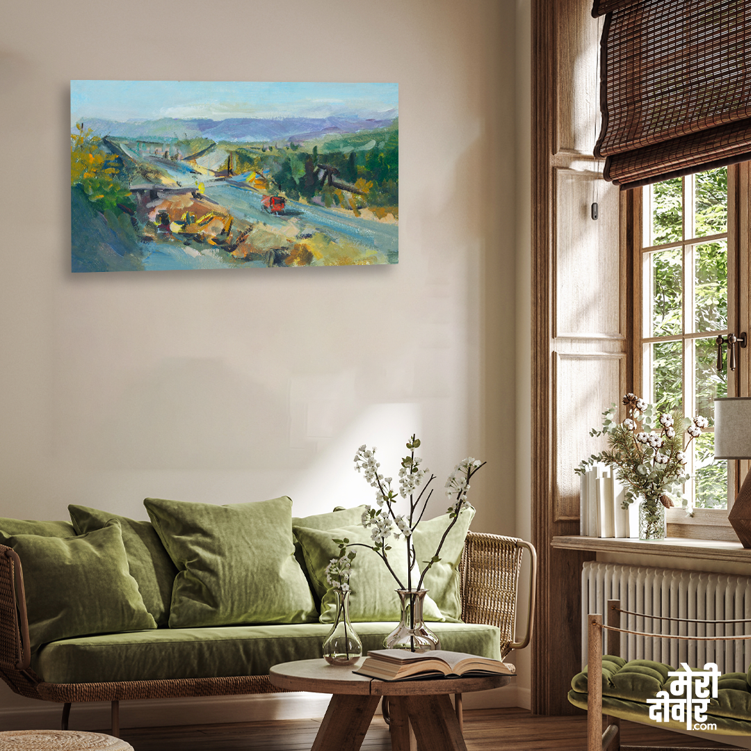 Road Construction Watercolour Painting 4 : 3 Horizontal Premium Wall Art Canvas by MeriDeewar