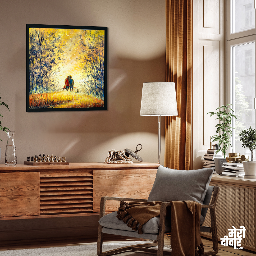 Romantic Couple At Night Canvas Painting With Black Floating 1 : 1 Square Premium Wall Art Canvas by MeriDeewar