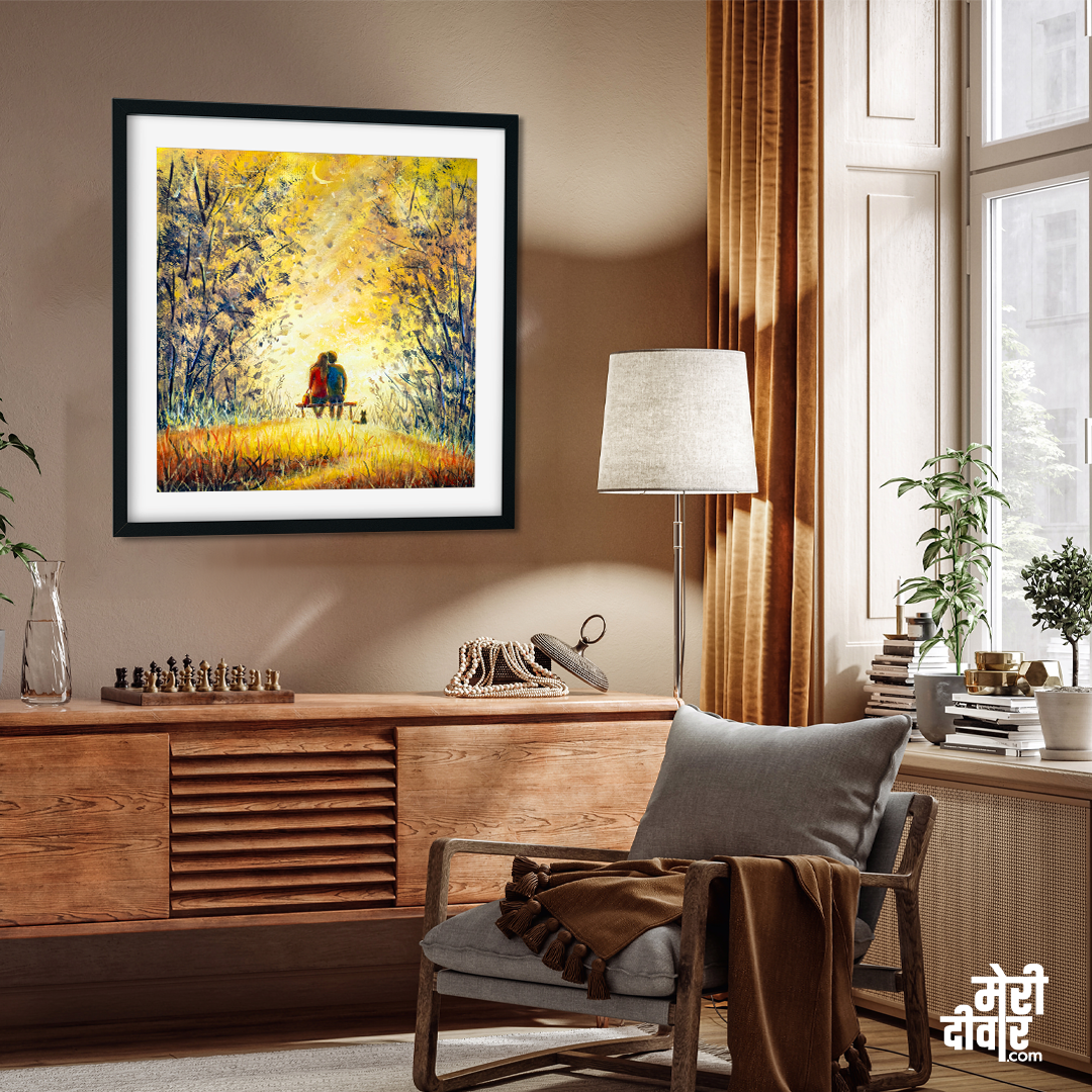 Romantic Couple At Night Canvas Painting With Black Floating 1 : 1 Square Premium Wall Art Canvas by MeriDeewar