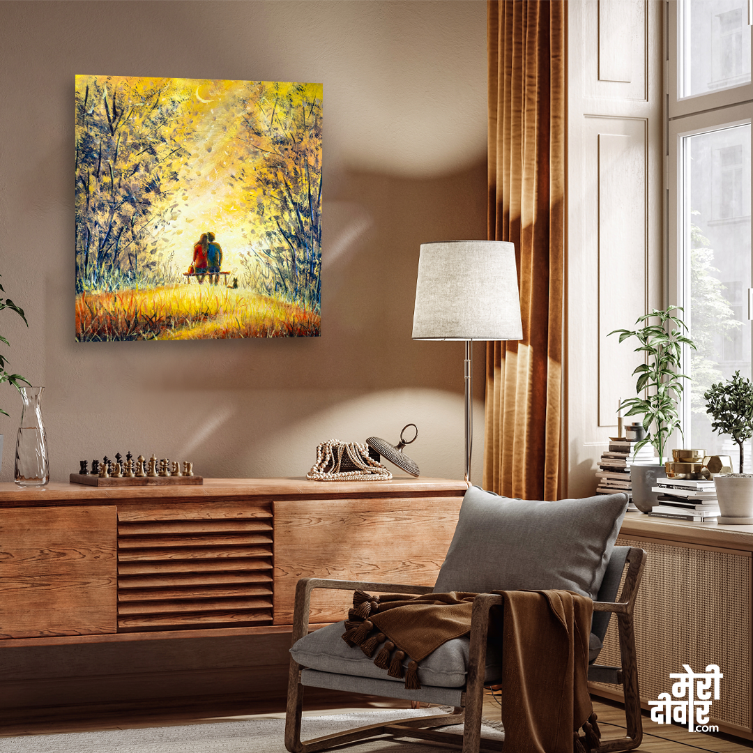 Romantic Couple At Night Canvas Painting With Black Floating 1 : 1 Square Premium Wall Art Canvas by MeriDeewar