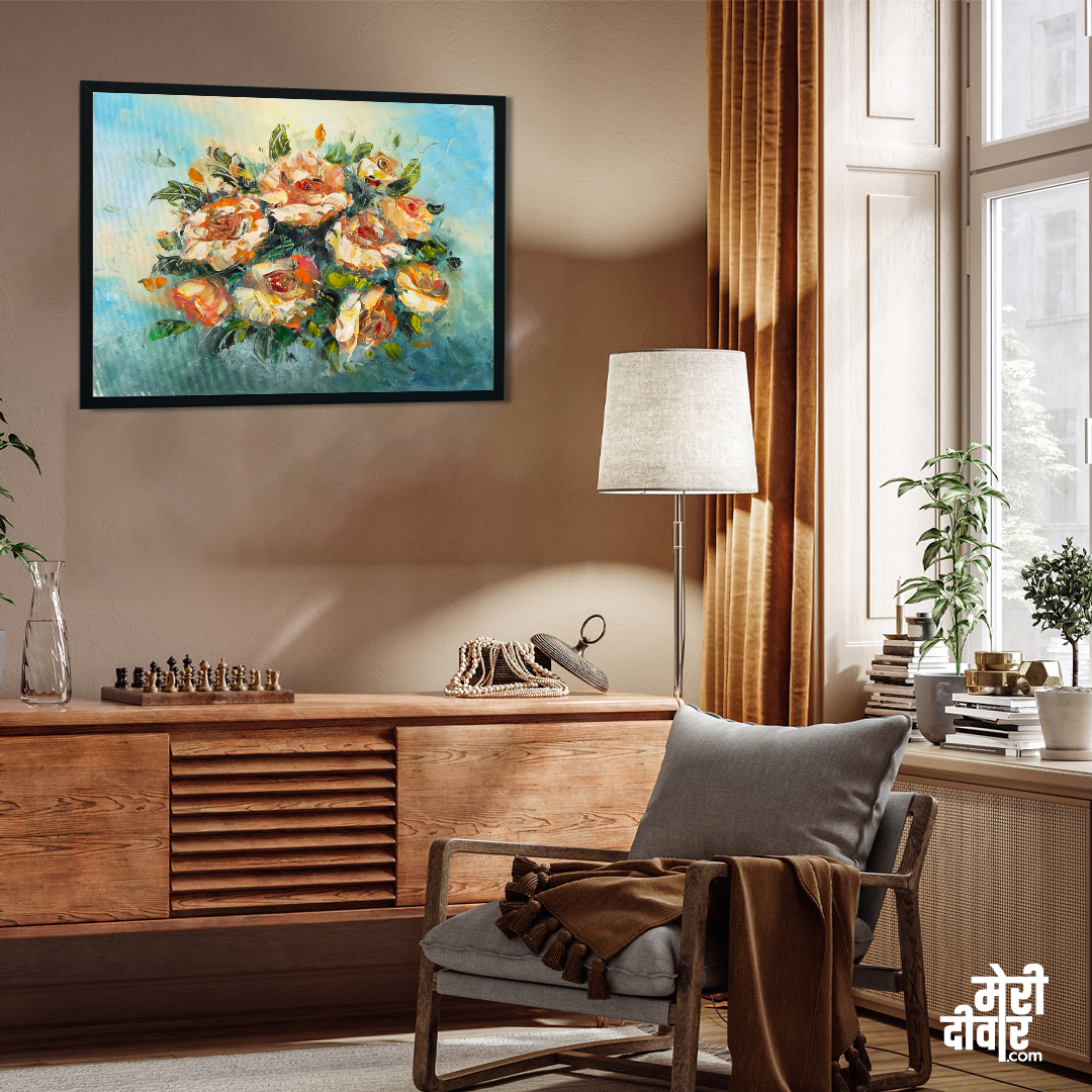 Roses Flower Bunch Painting 4 : 3 Horizontal Premium Wall Art Canvas by MeriDeewar