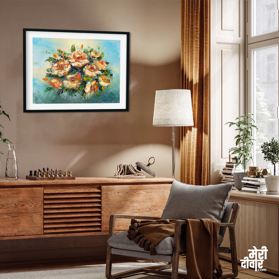 Roses Flower Bunch Painting 4 : 3 Horizontal Premium Wall Art Canvas by MeriDeewar