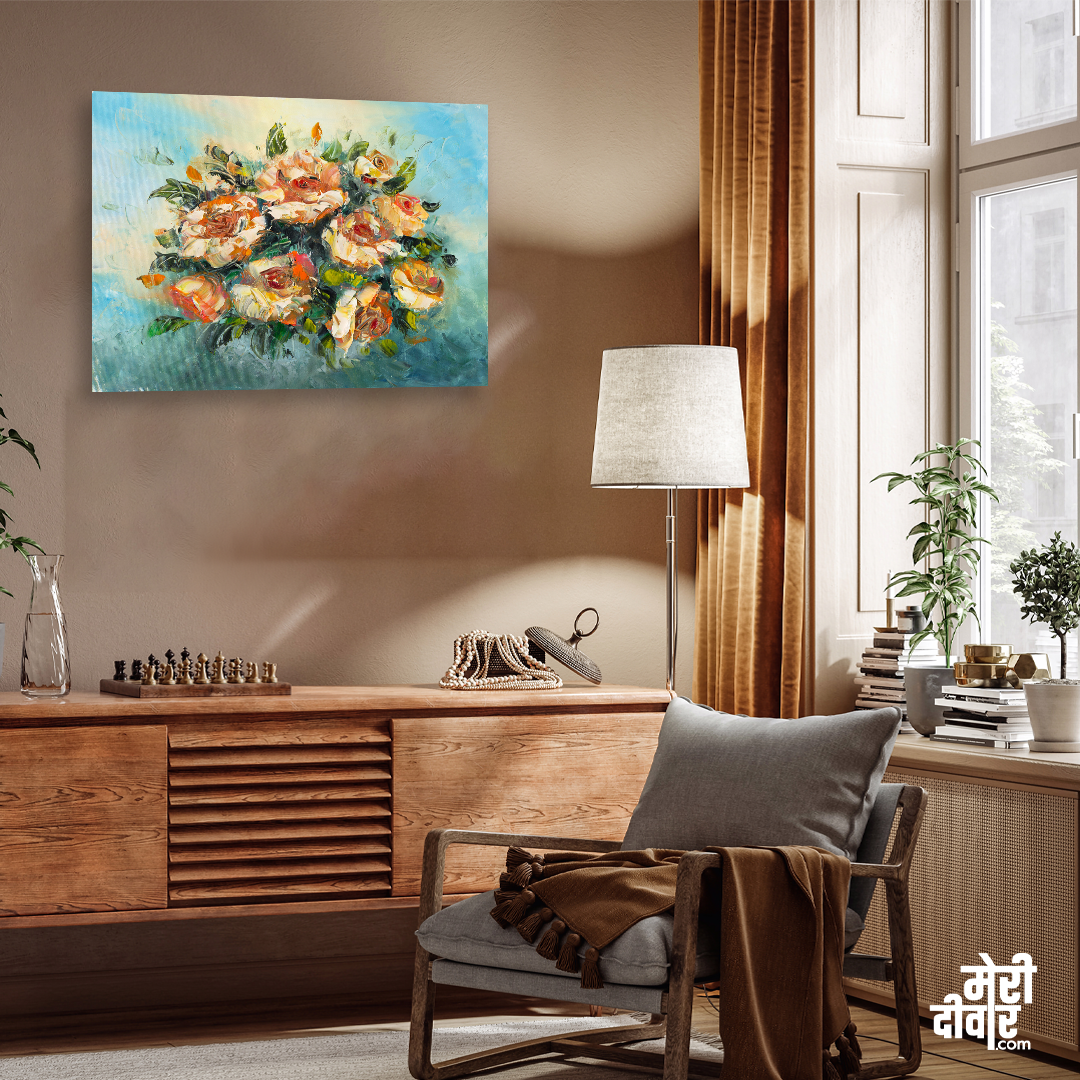 Roses Flower Bunch Painting 4 : 3 Horizontal Premium Wall Art Canvas by MeriDeewar