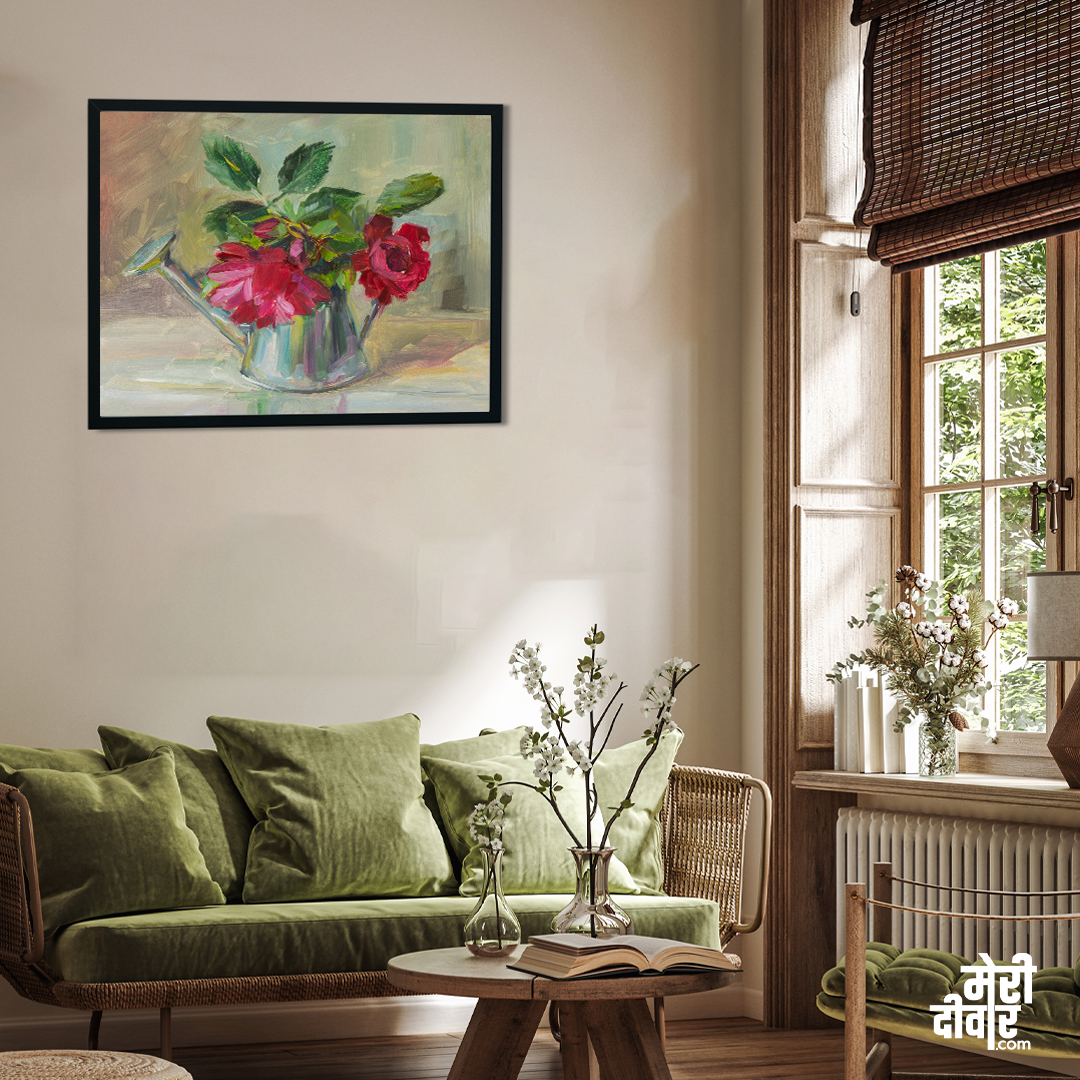 Roses Vase Fragrant Raspberry Roses With Oil Painting 3 : 2 Horizontal Premium Wall Art Canvas by MeriDeewar
