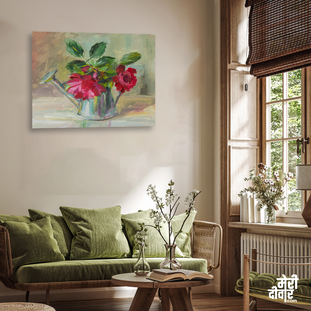 Roses Vase Fragrant Raspberry Roses With Oil Painting 3 : 2 Horizontal Premium Wall Art Canvas by MeriDeewar