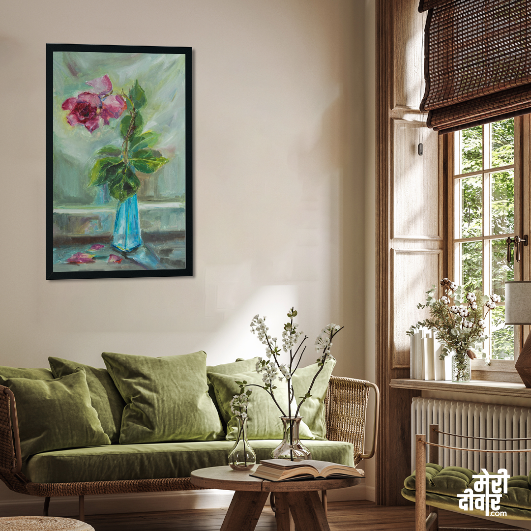 Roses Vase Painting One Rose Withered Blue Vase With Oil Paints Original Author painting 2 : 3 Vertical Premium Wall Art Canvas by MeriDeewar