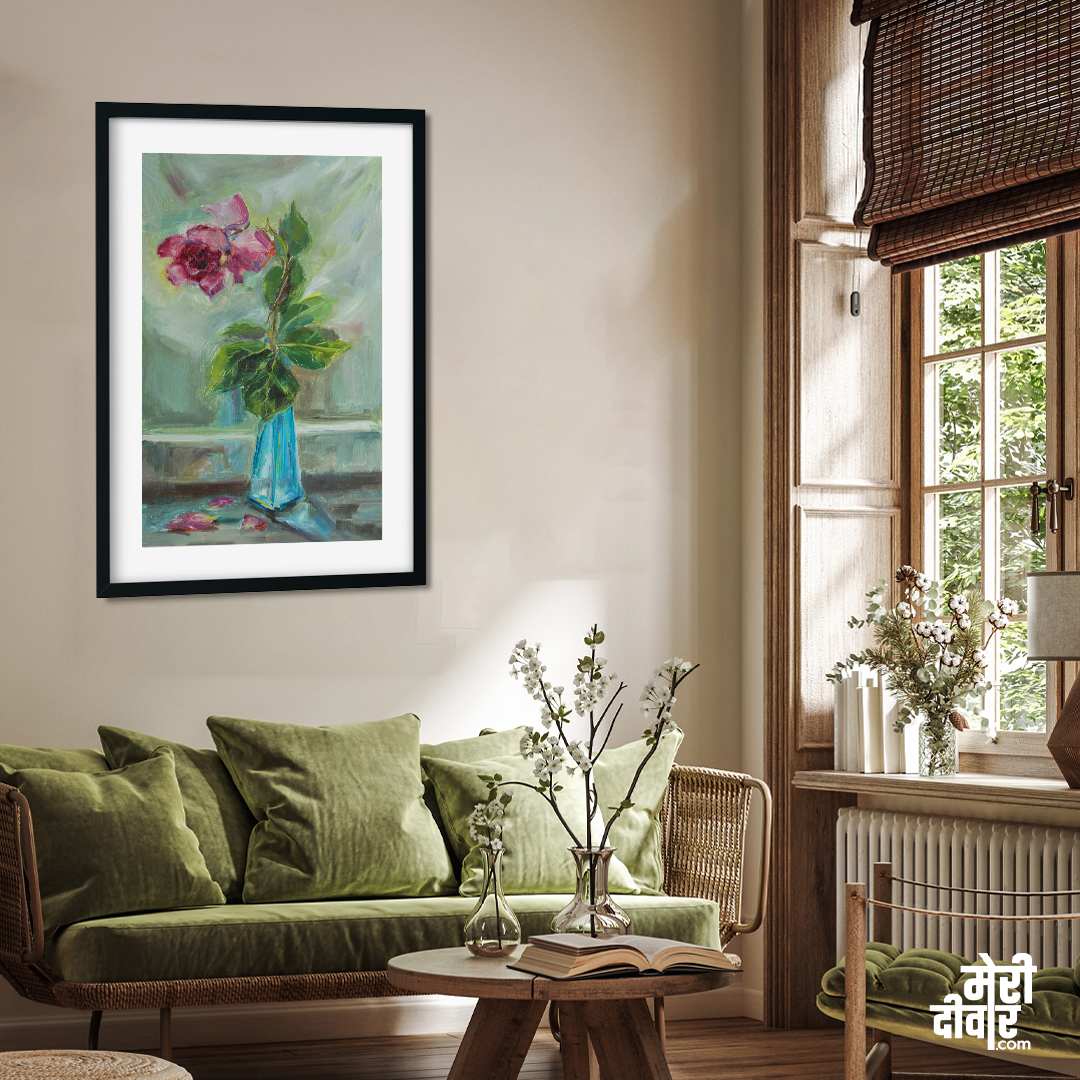 Roses Vase Painting One Rose Withered Blue Vase With Oil Paints Original Author painting 2 : 3 Vertical Premium Wall Art Canvas by MeriDeewar