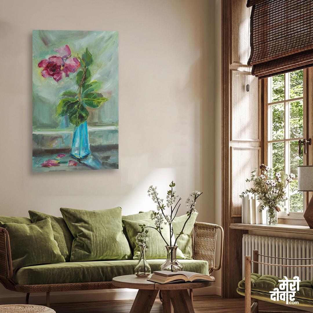 Roses Vase Painting One Rose Withered Blue Vase With Oil Paints Original Author painting 2 : 3 Vertical Premium Wall Art Canvas by MeriDeewar