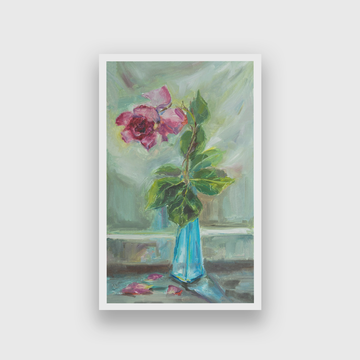 Roses Vase Painting One Rose Withered Blue Vase With Oil Paints Original Author painting 2 : 3 Vertical Premium Wall Art Canvas by MeriDeewar