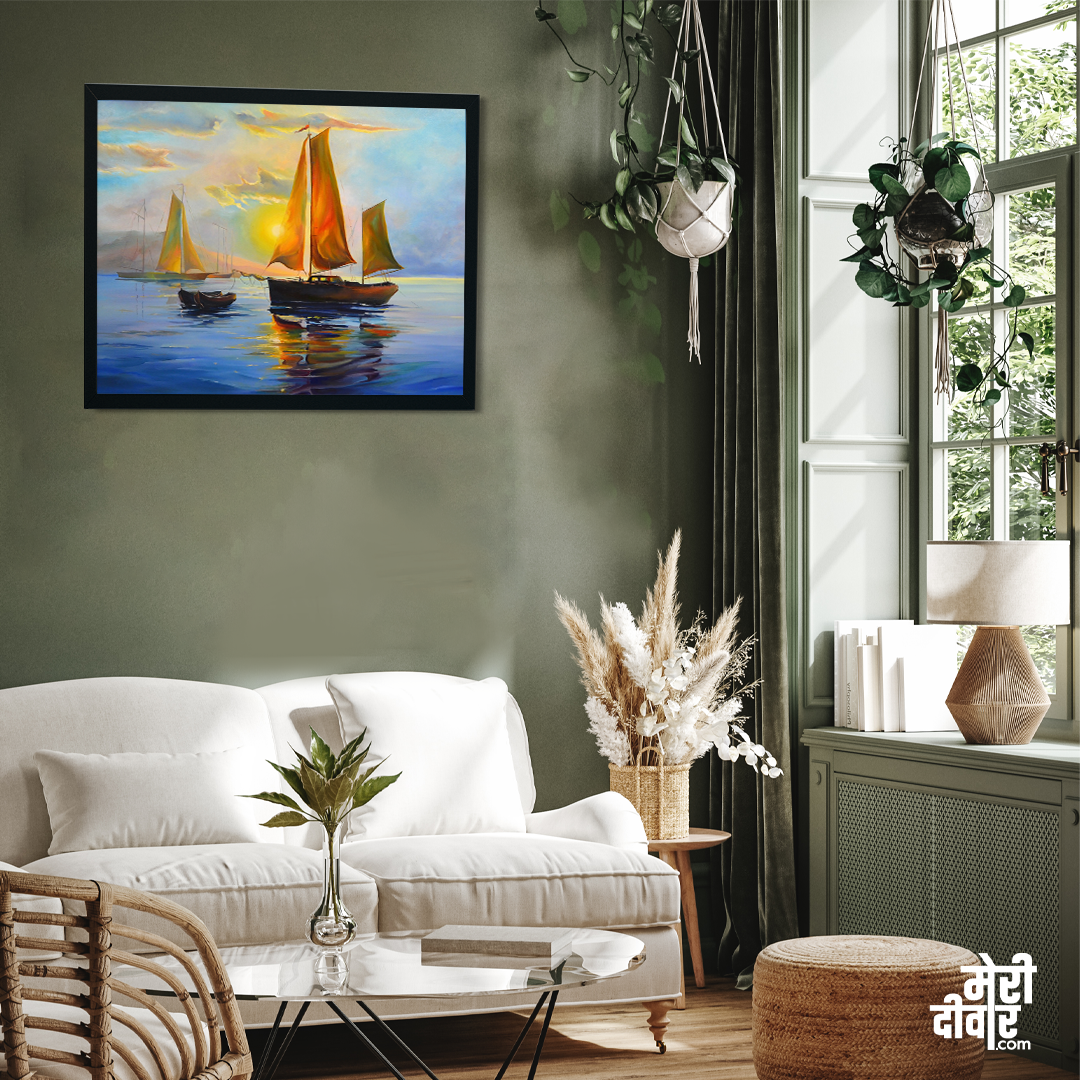 Sailboat With Sunset Wall Painting 4 : 3 Horizontal Premium Wall Art Canvas by MeriDeewar