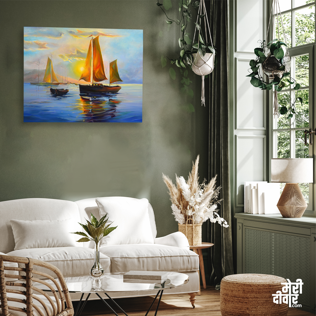 Sailboat With Sunset Wall Painting 4 : 3 Horizontal Premium Wall Art Canvas by MeriDeewar