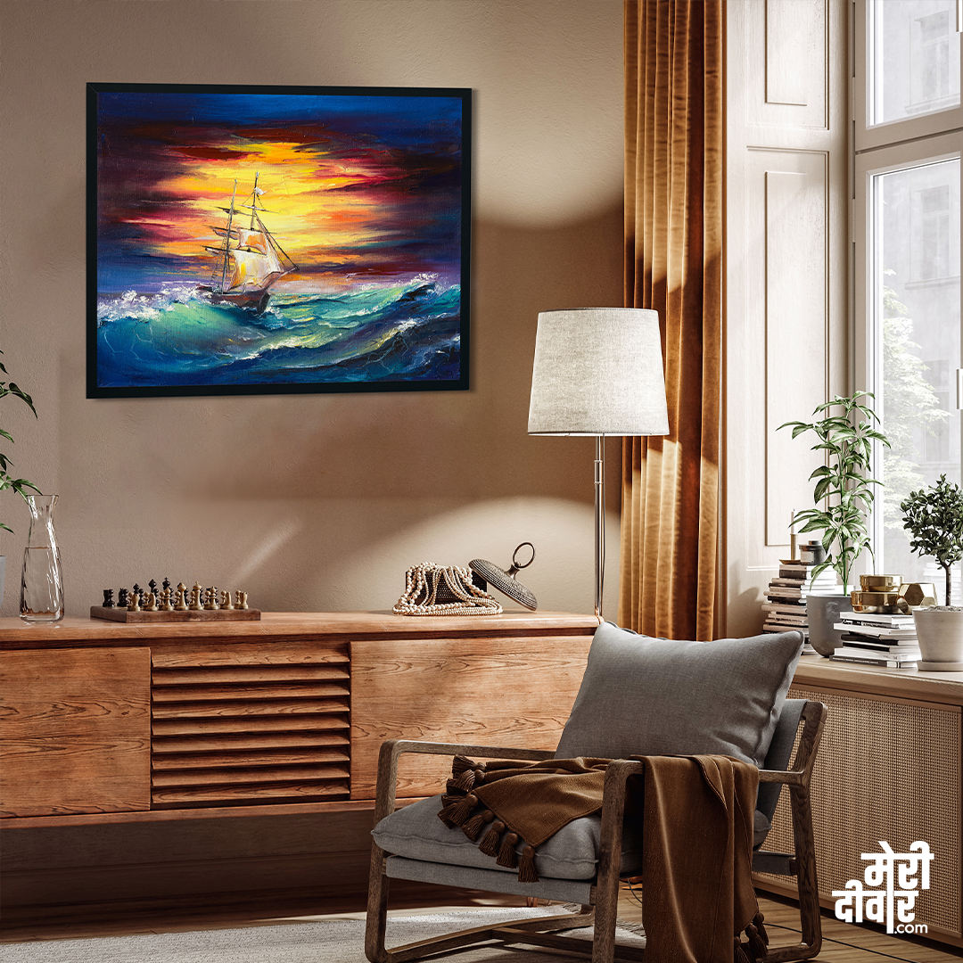 Sailboat With Sunset Wall Painting 5 : 4 Horizontal Premium Wall Art Canvas by MeriDeewar
