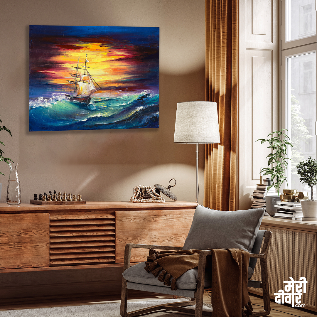 Sailboat With Sunset Wall Painting 5 : 4 Horizontal Premium Wall Art Canvas by MeriDeewar