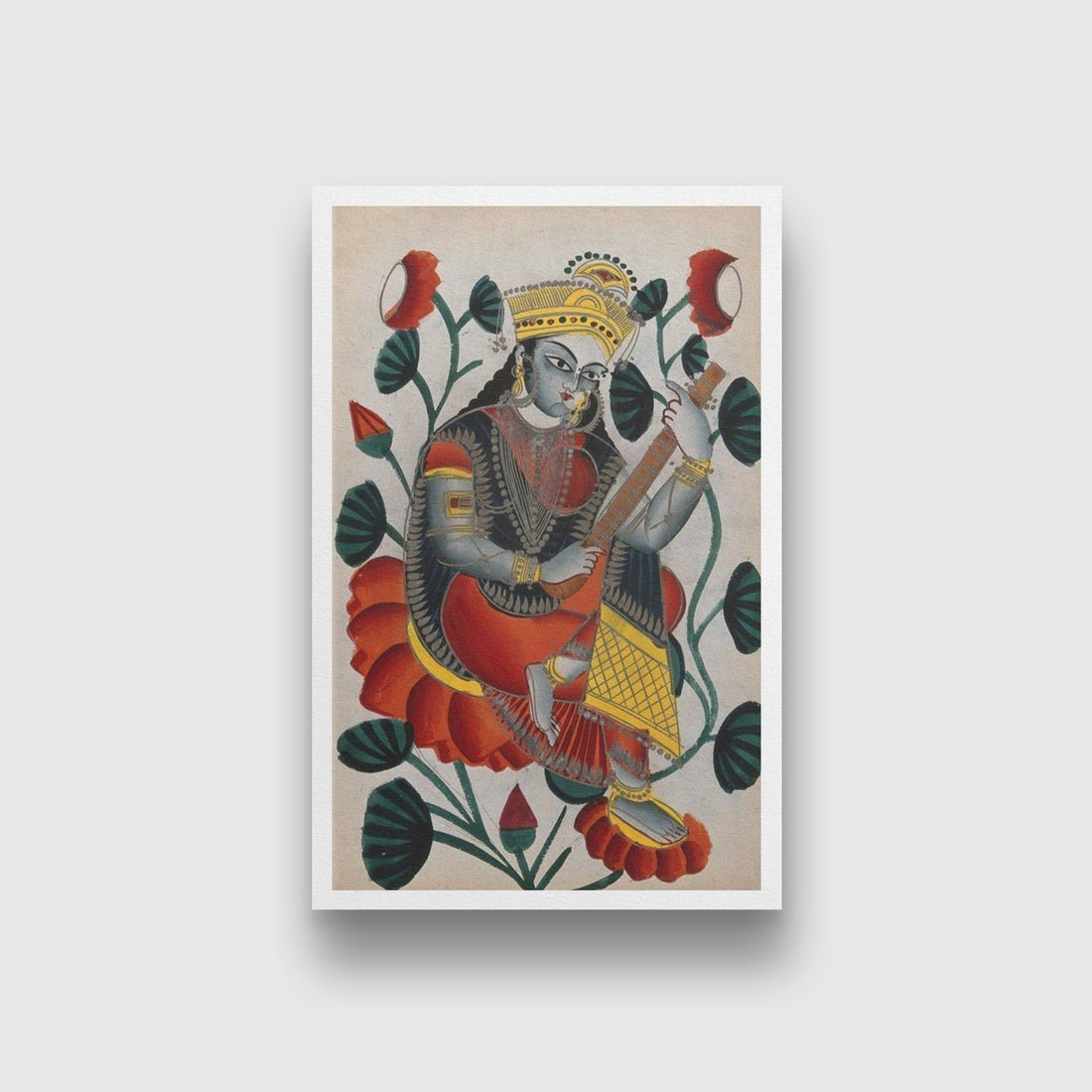 Sarasvati-sitting-on-lotuses-plying-her-vina.-Watercolour-drawing Painting - Meri Deewar 2 : 3 Vertical Premium Wall Art Canvas by MeriDeewar