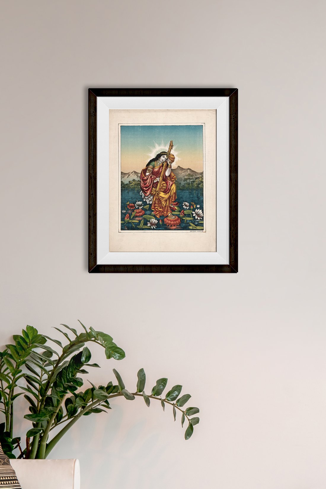 Sarasvati with a musical instrument, sitting on a lotus Painting - Meri Deewar 4 :5 Vertical Premium Wall Art Canvas by MeriDeewar