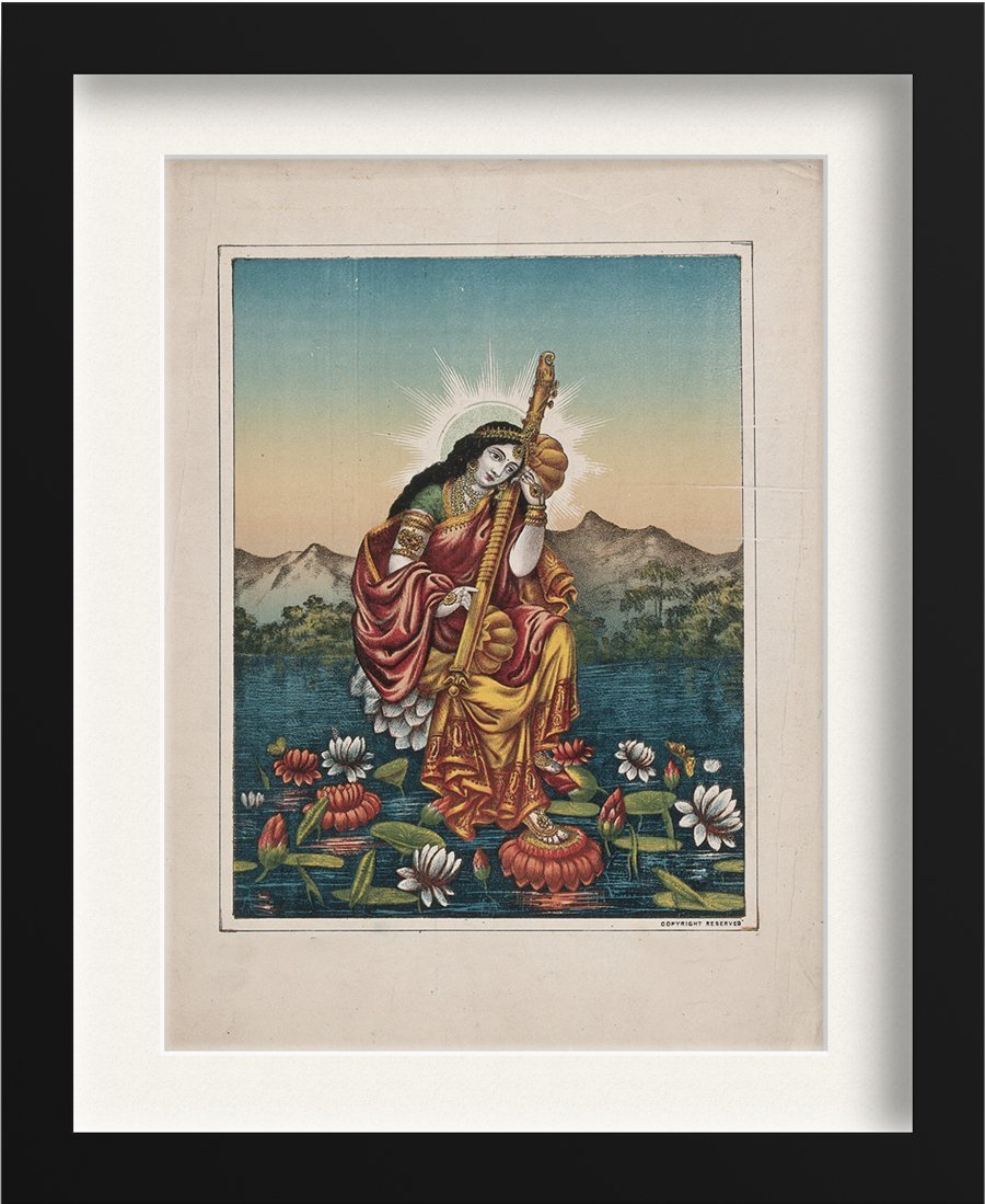 Sarasvati with a musical instrument, sitting on a lotus Painting - Meri Deewar 4 :5 Vertical Premium Wall Art Canvas by MeriDeewar