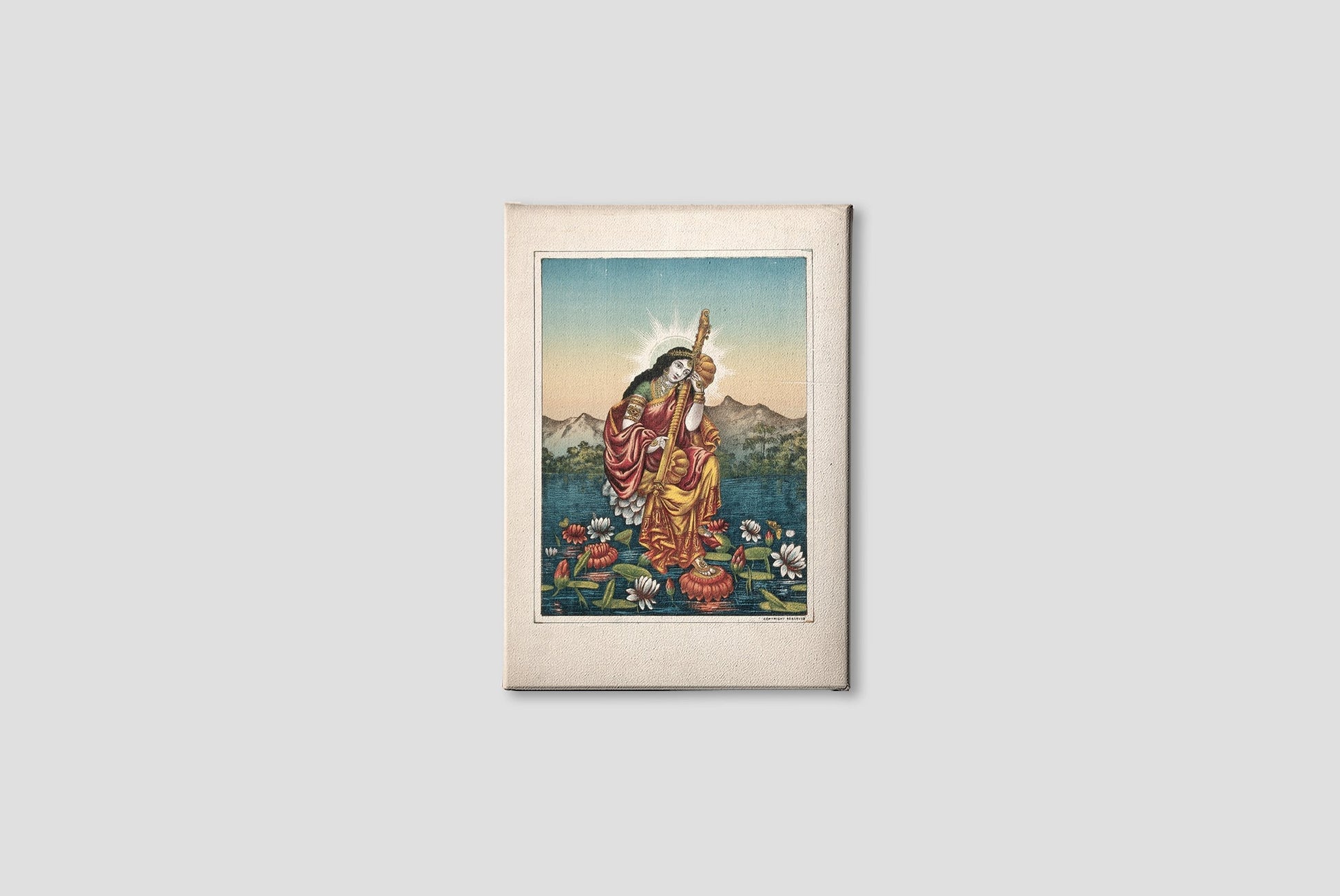 Sarasvati with a musical instrument, sitting on a lotus Painting - Meri Deewar 4 :5 Vertical Premium Wall Art Canvas by MeriDeewar