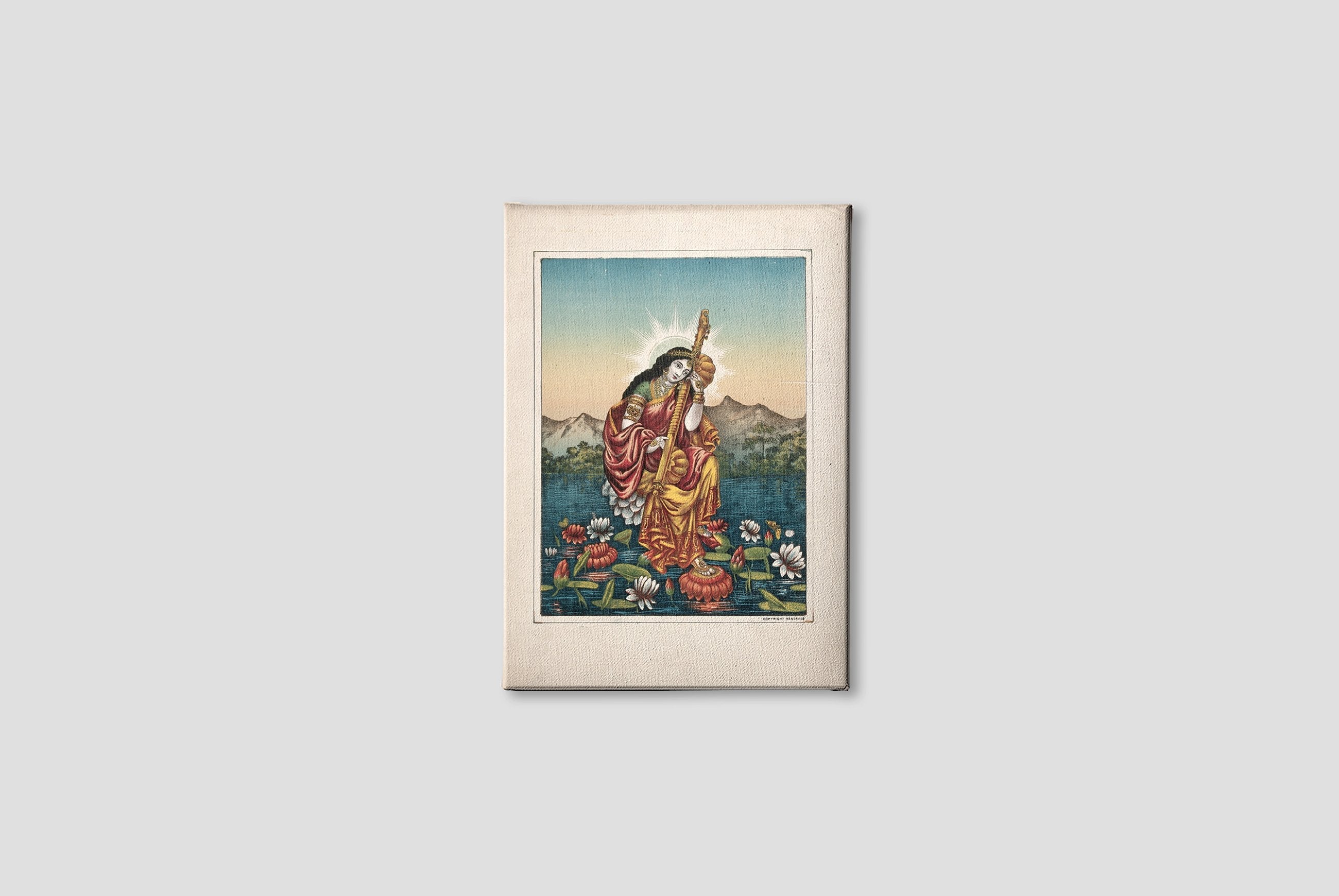 Sarasvati with a musical instrument, sitting on a lotus Painting - Meri Deewar 4 :5 Vertical Premium Wall Art Canvas by MeriDeewar