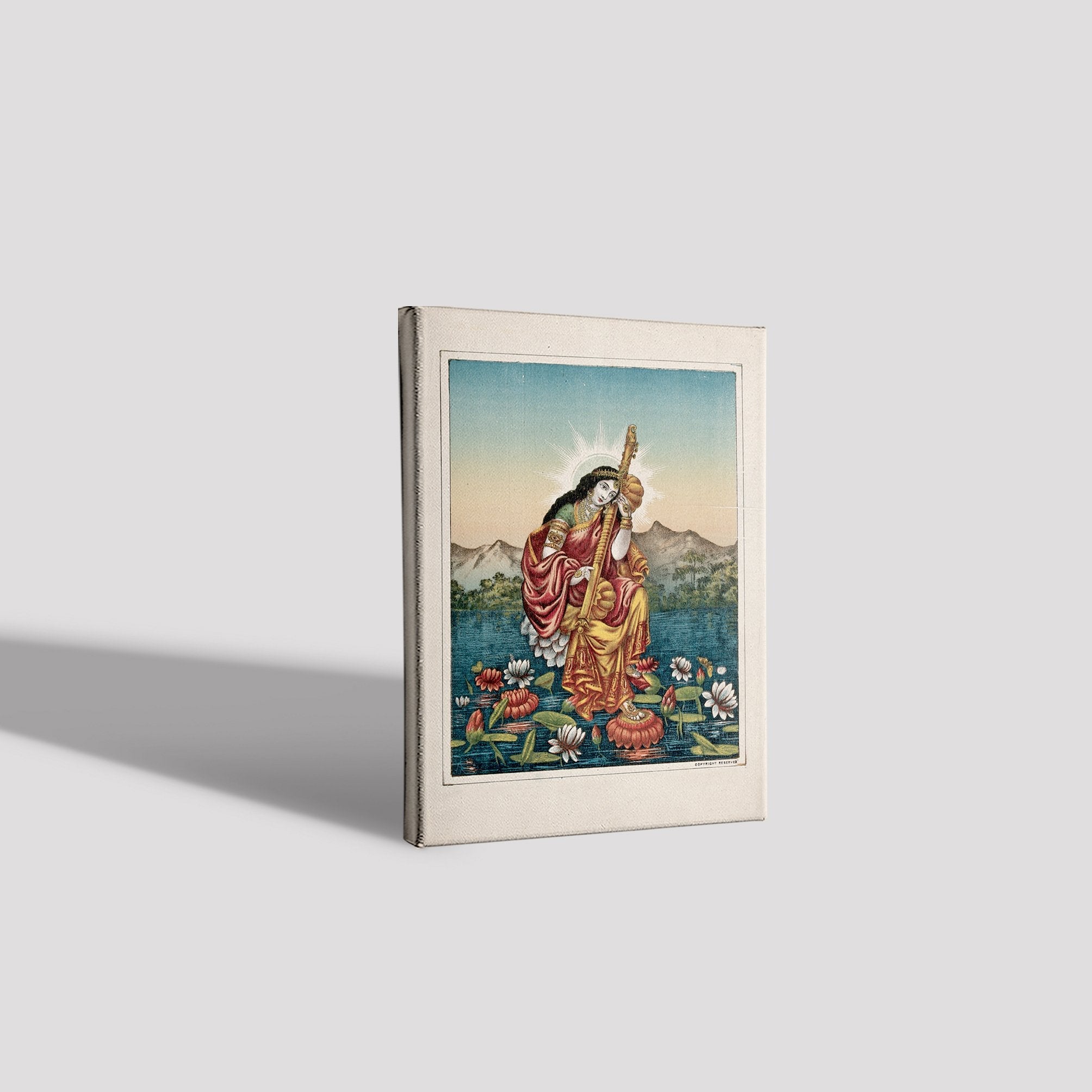 Sarasvati with a musical instrument, sitting on a lotus Painting - Meri Deewar 4 :5 Vertical Premium Wall Art Canvas by MeriDeewar