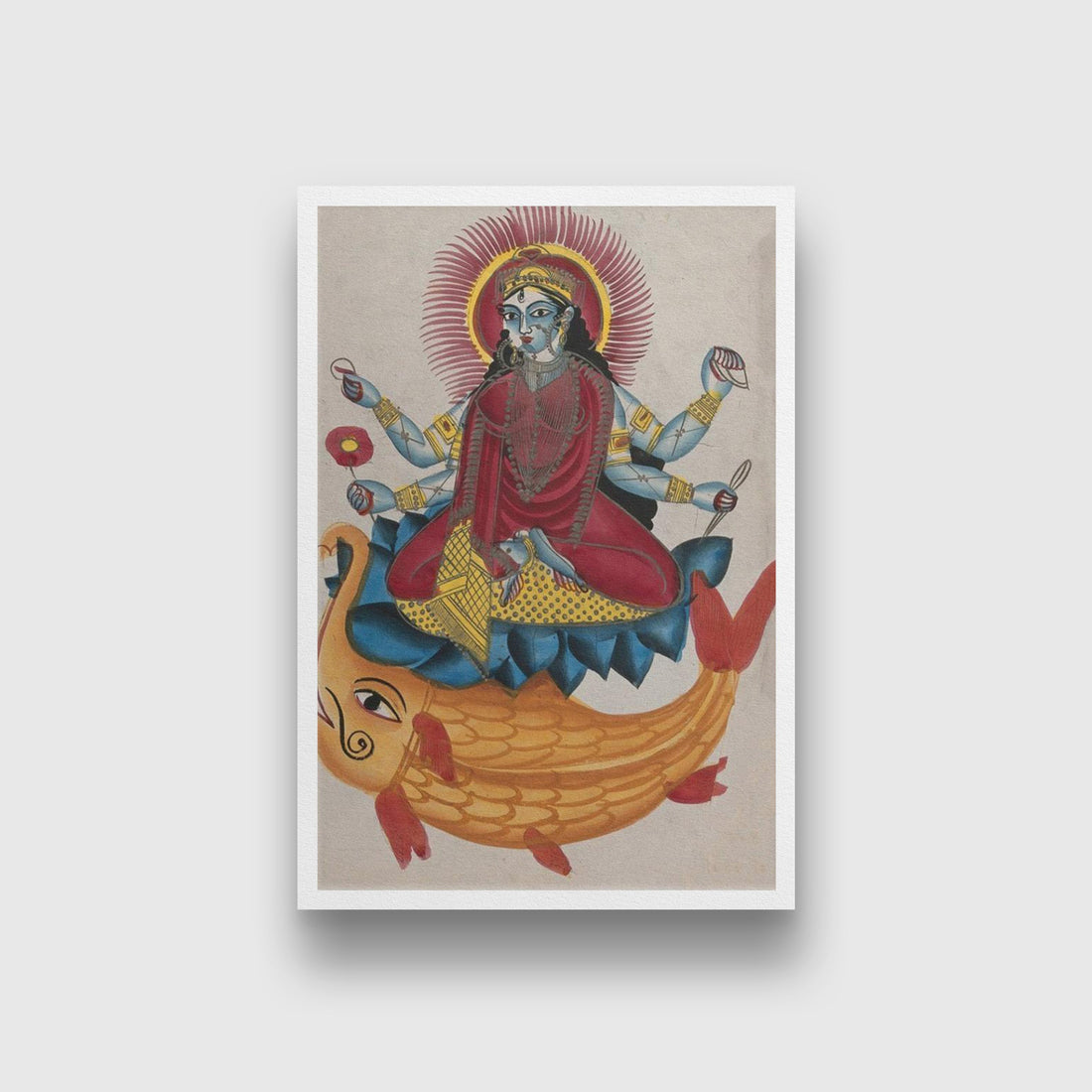Saraswati-sitting-on-a-lotus-with-her-elephant-fish Painting - Meri Deewar 2 : 3 Vertical Premium Wall Art Canvas by MeriDeewar