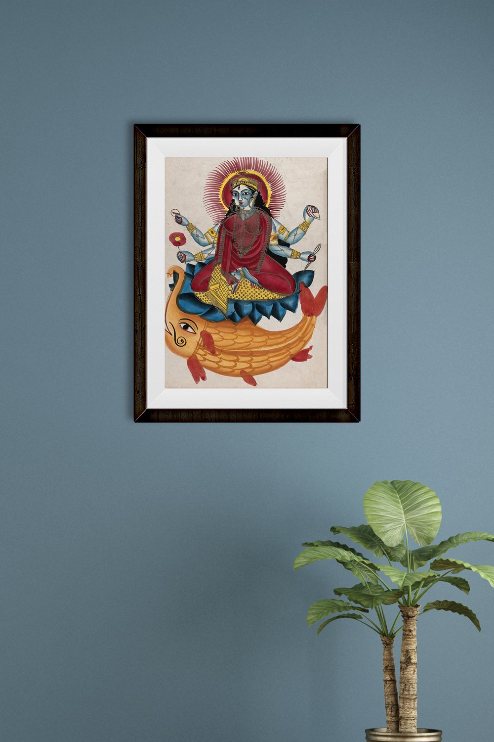 Saraswati-sitting-on-a-lotus-with-her-elephant-fish Painting - Meri Deewar 2 : 3 Vertical Premium Wall Art Canvas by MeriDeewar
