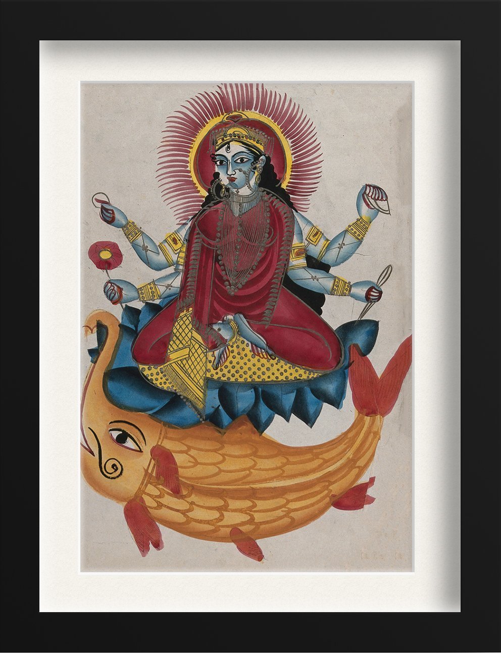 Saraswati-sitting-on-a-lotus-with-her-elephant-fish Painting - Meri Deewar 2 : 3 Vertical Premium Wall Art Canvas by MeriDeewar