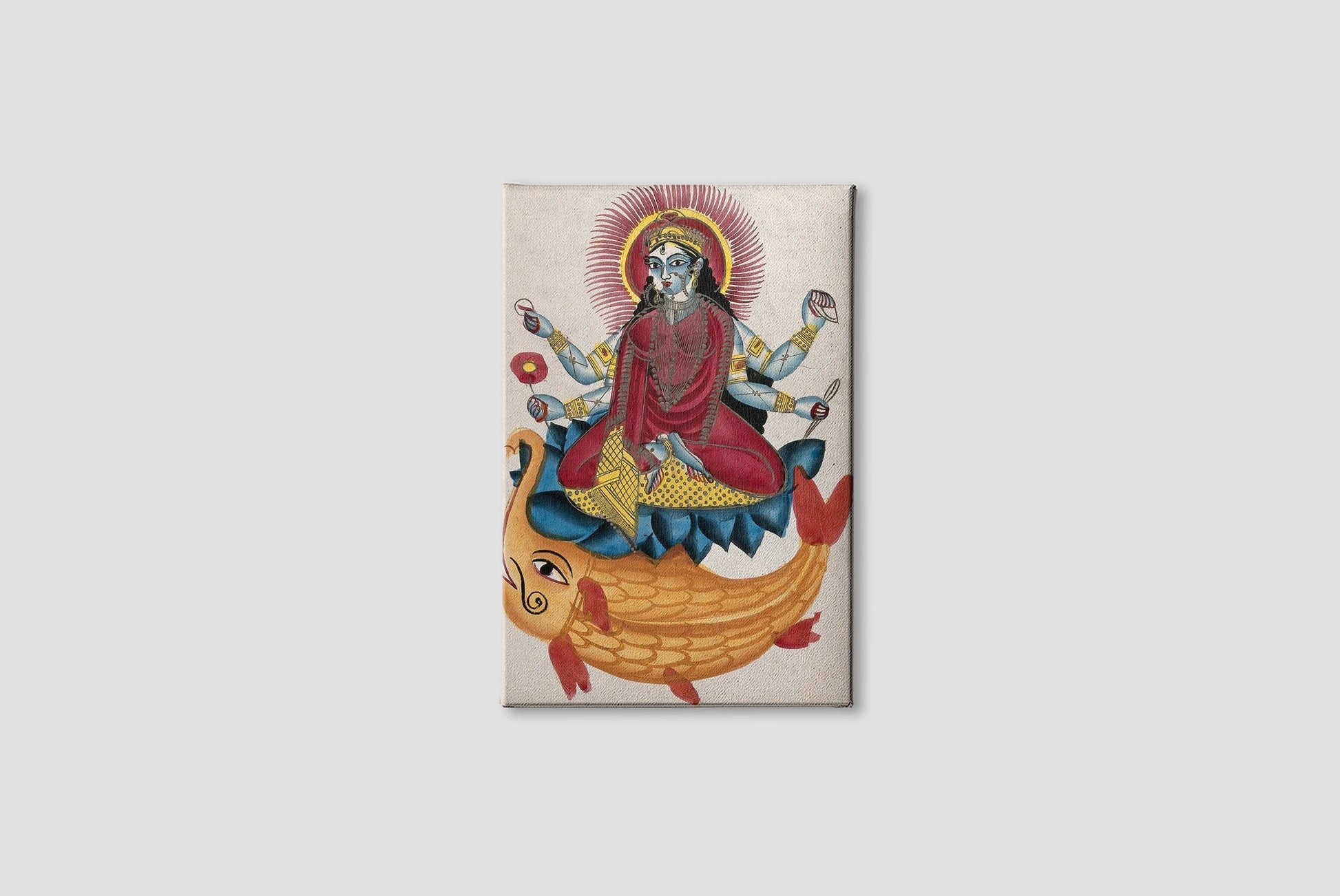 Saraswati-sitting-on-a-lotus-with-her-elephant-fish Painting - Meri Deewar 2 : 3 Vertical Premium Wall Art Canvas by MeriDeewar
