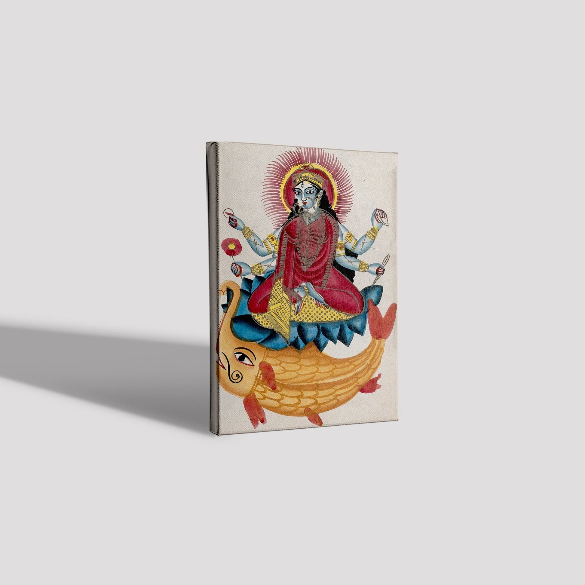 Saraswati-sitting-on-a-lotus-with-her-elephant-fish Painting - Meri Deewar 2 : 3 Vertical Premium Wall Art Canvas by MeriDeewar