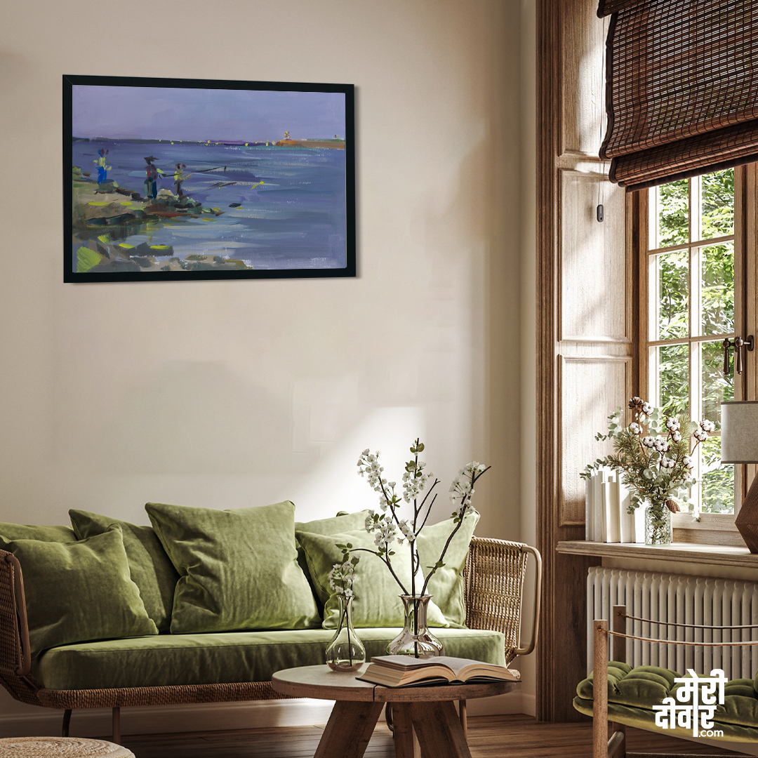 Sea Beach Fishermen Painting 3 : 2 Horizontal Premium Wall Art Canvas by MeriDeewar