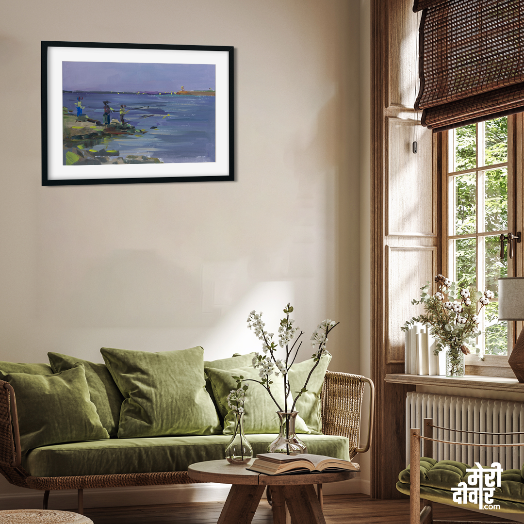 Sea Beach Fishermen Painting 3 : 2 Horizontal Premium Wall Art Canvas by MeriDeewar