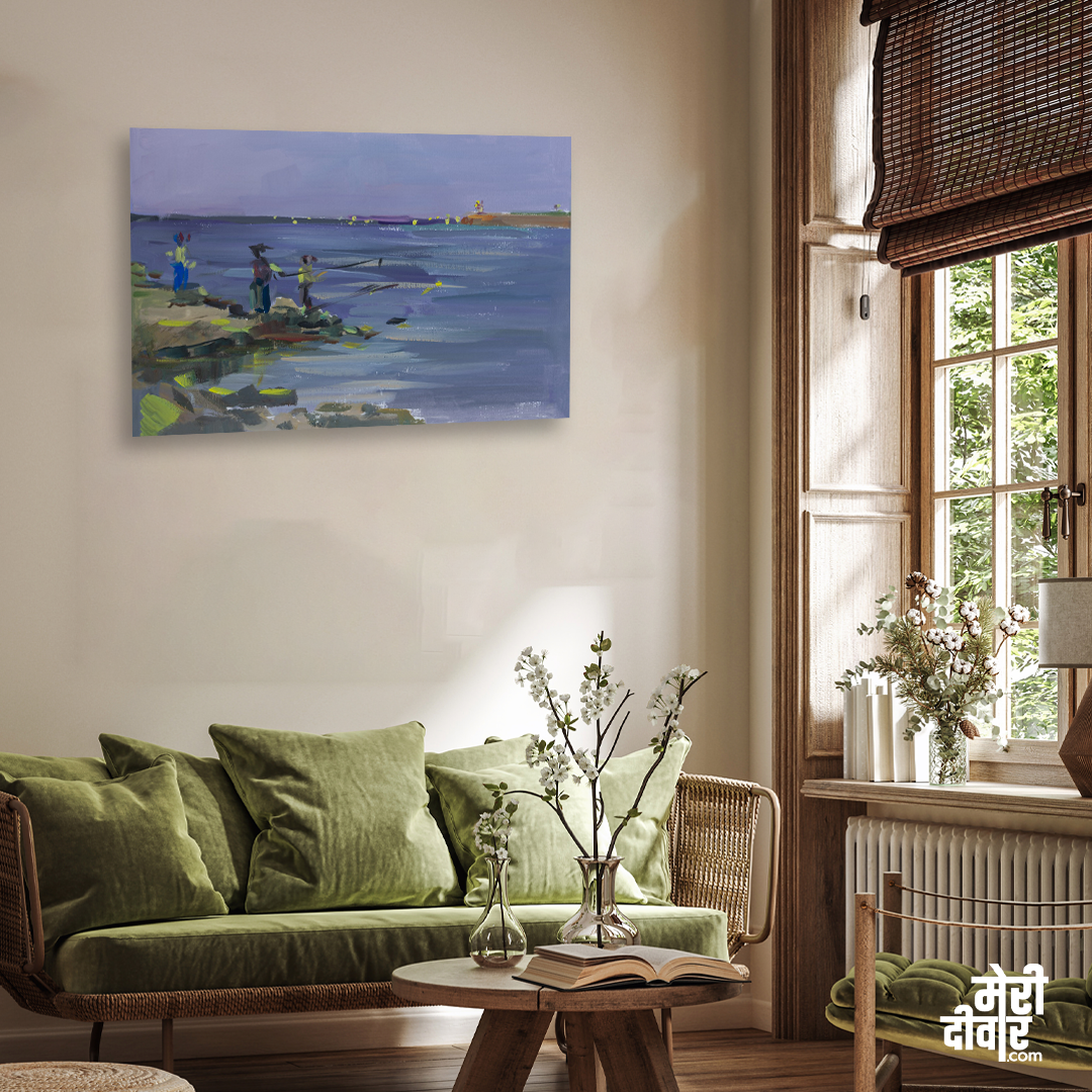 Sea Beach Fishermen Painting 3 : 2 Horizontal Premium Wall Art Canvas by MeriDeewar