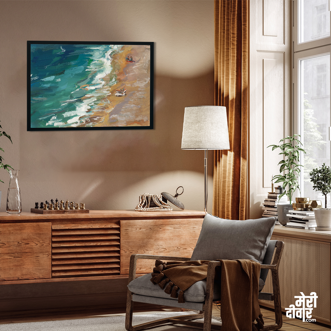 Sea Beach View From Gouache Painting 3 : 2 Horizontal Premium Wall Art Canvas by MeriDeewar