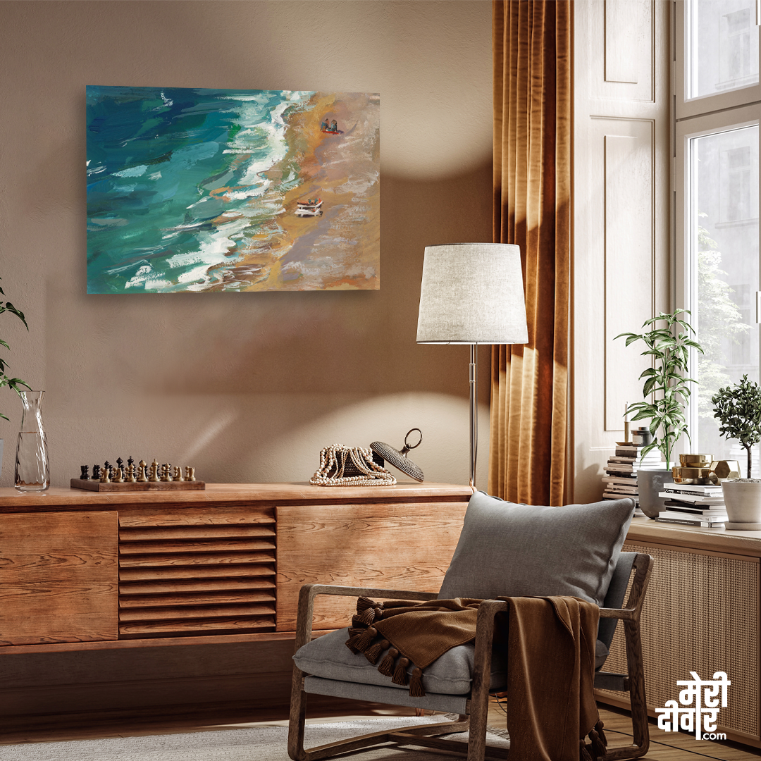 Sea Beach View From Gouache Painting 3 : 2 Horizontal Premium Wall Art Canvas by MeriDeewar