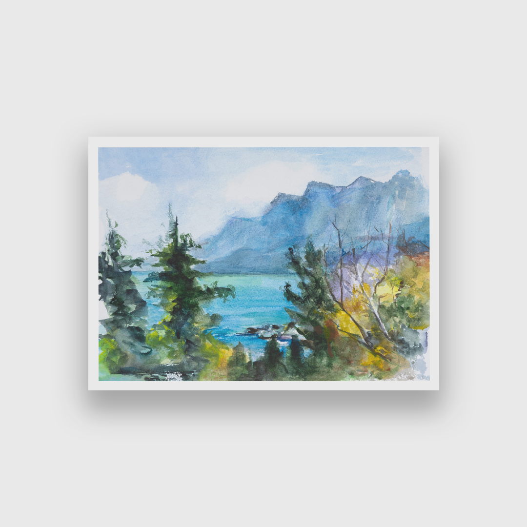 Sea Mountains Watercolor Painting 3 : 2 Horizontal Premium Wall Art Canvas by MeriDeewar