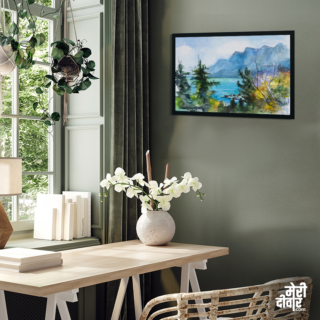 Sea Mountains Watercolor Painting 3 : 2 Horizontal Premium Wall Art Canvas by MeriDeewar