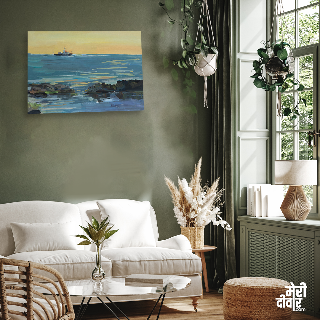 Sea Ship Waves Gouache Painting 3 : 2 Horizontal Premium Wall Art Canvas by MeriDeewar