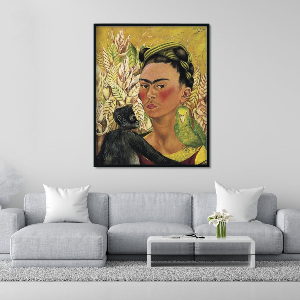 Self portrait with Monkey and Parrot Painting - Meri Deewar 4 :5 Vertical Premium Wall Art Canvas by MeriDeewar