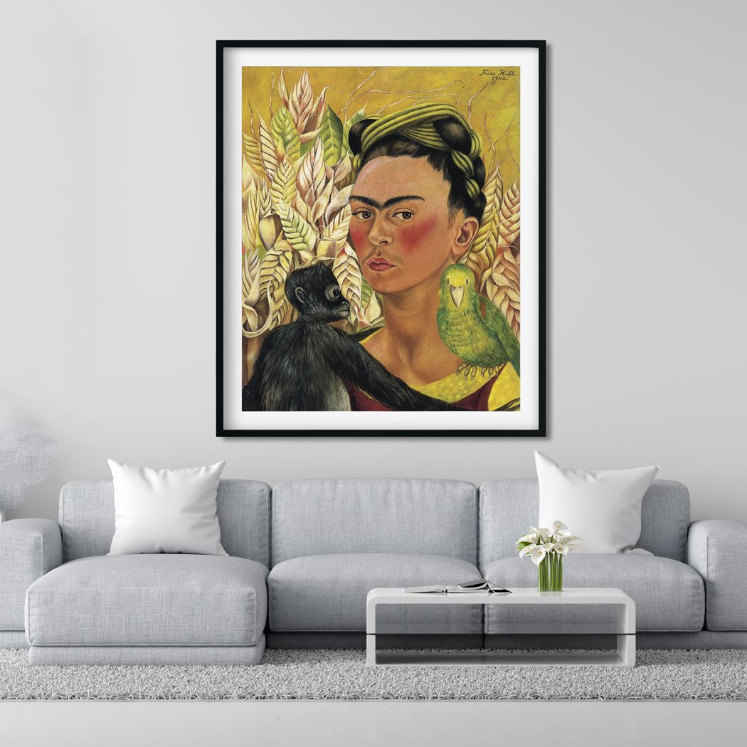 Self portrait with Monkey and Parrot Painting - Meri Deewar 4 :5 Vertical Premium Wall Art Canvas by MeriDeewar