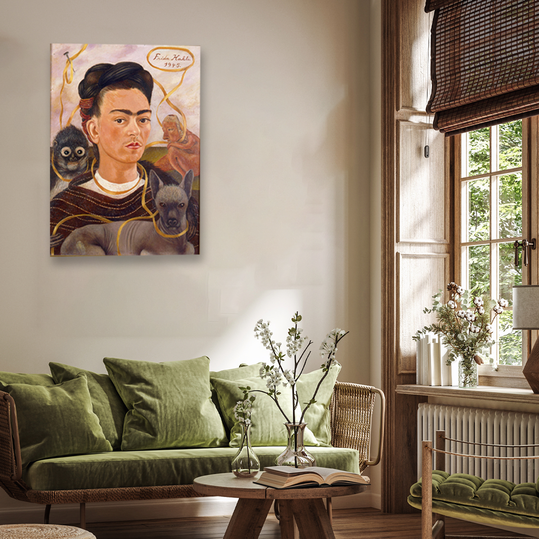 Self Portrait with Monkey Painting 3 : 4.2 Vertical Premium Wall Art Canvas by MeriDeewar