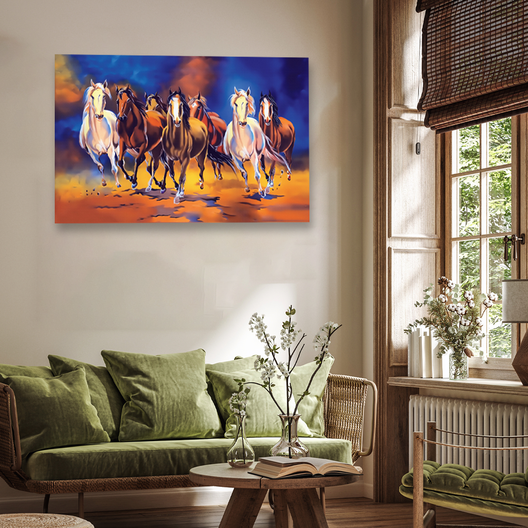 Seven Galloping Horses Wall Painting 3 : 2 Horizontal Premium Wall Art Canvas by MeriDeewar