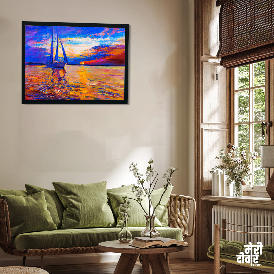 Ship During Sunset With Black Floating Wall Painting 4 : 3 Horizontal Premium Wall Art Canvas by MeriDeewar