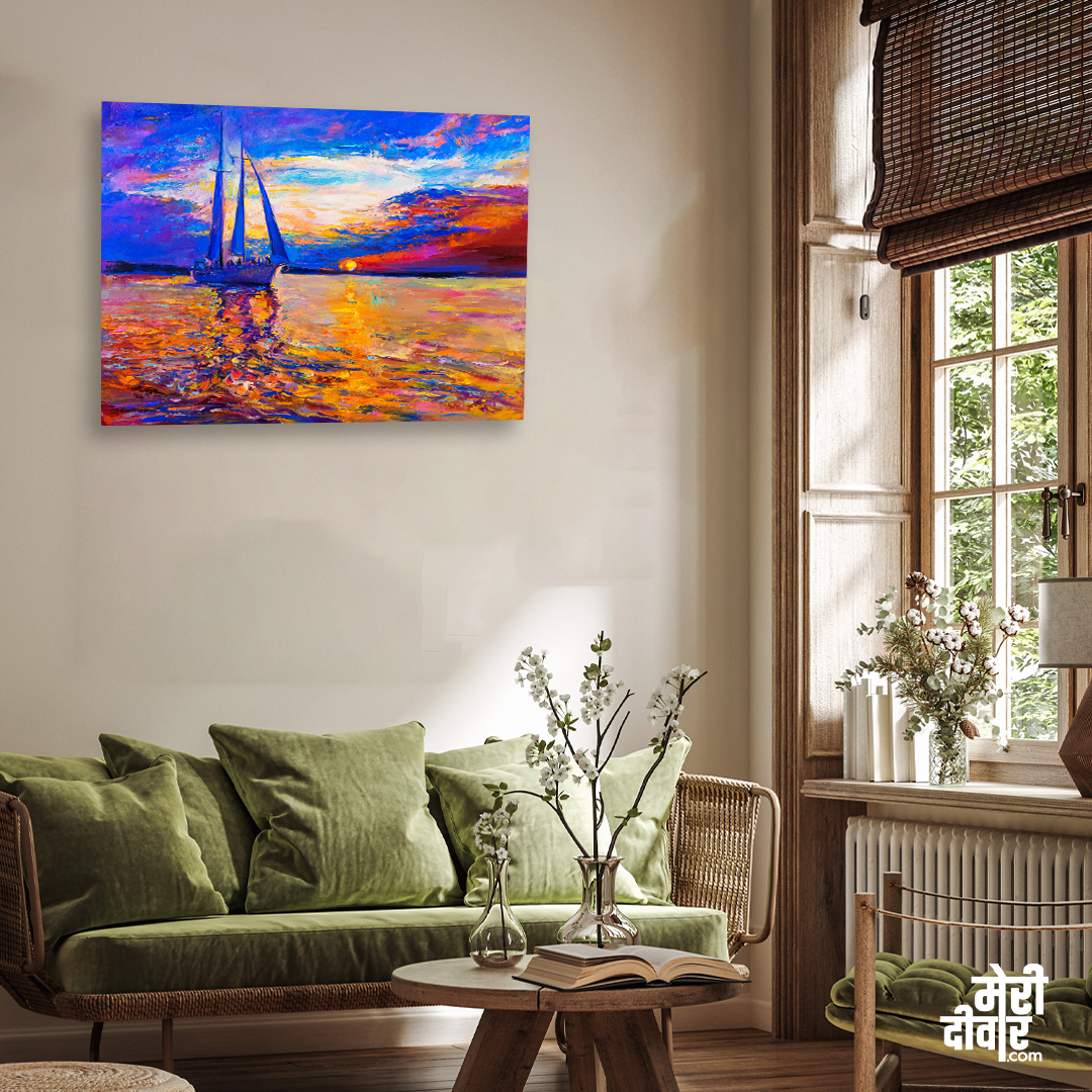 Ship During Sunset With Black Floating Wall Painting 4 : 3 Horizontal Premium Wall Art Canvas by MeriDeewar