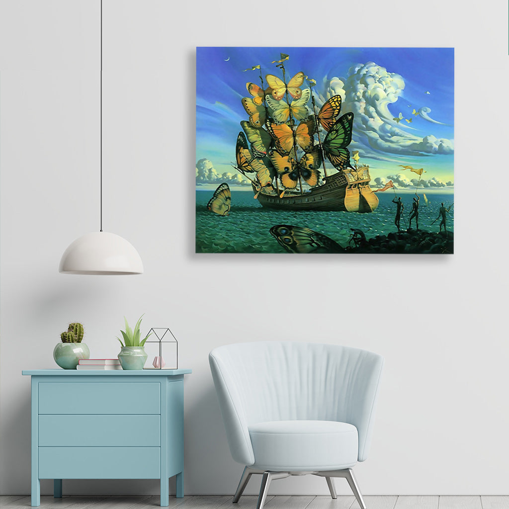 Ship with butterfly sails Painting - Meri Deewar 5 : 4 Horizontal Premium Wall Art Canvas by MeriDeewar
