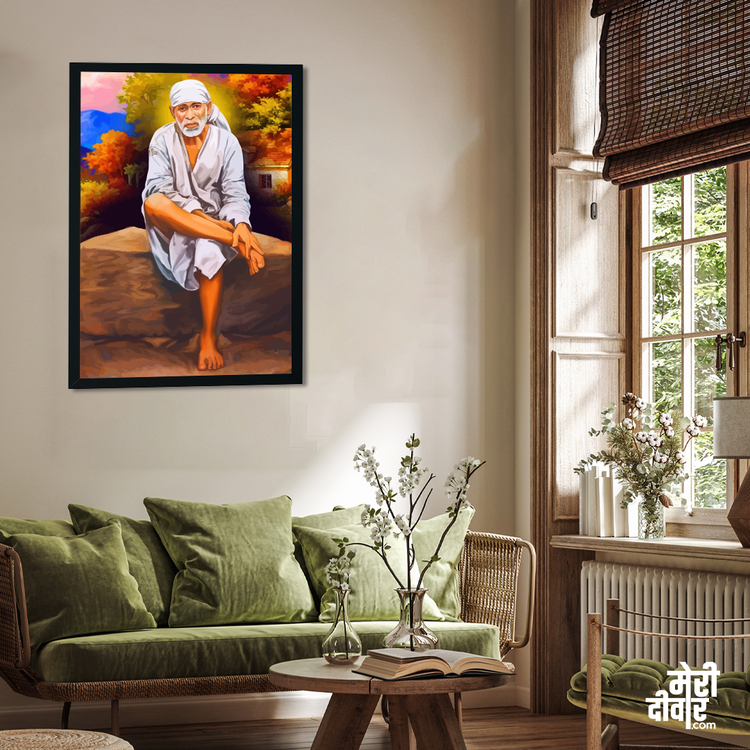 Shirdi Sai Baba Devotional Wall Painting 2 : 3 Vertical Premium Wall Art Canvas by MeriDeewar