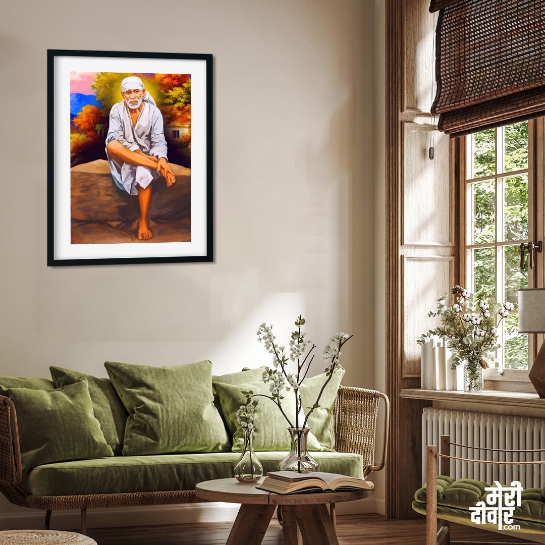 Shirdi Sai Baba Devotional Wall Painting 2 : 3 Vertical Premium Wall Art Canvas by MeriDeewar